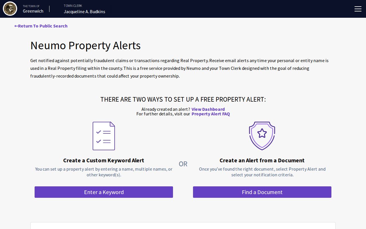 Greenwich previous residents property alert search