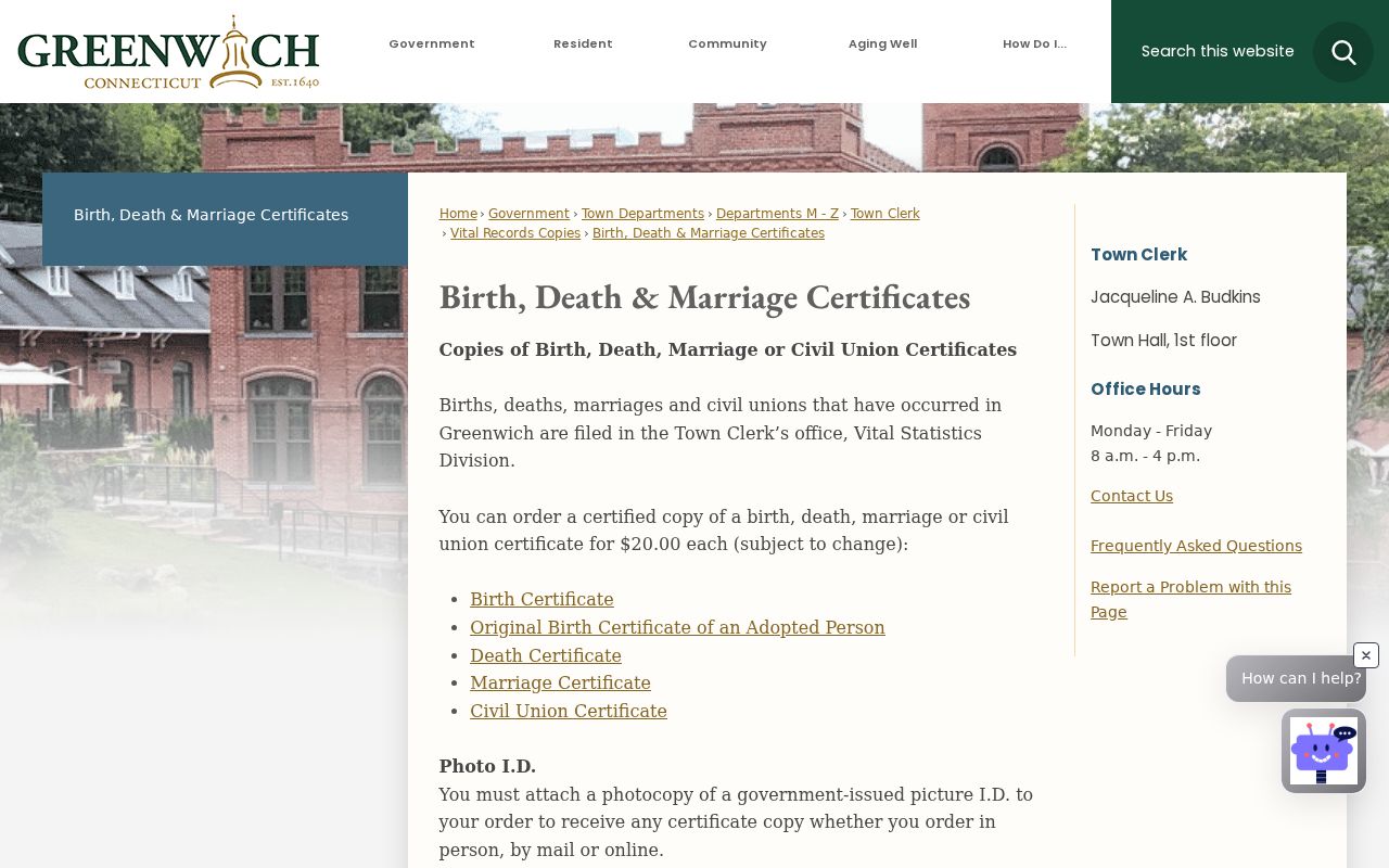 Greenwich resident lookup vital records request information