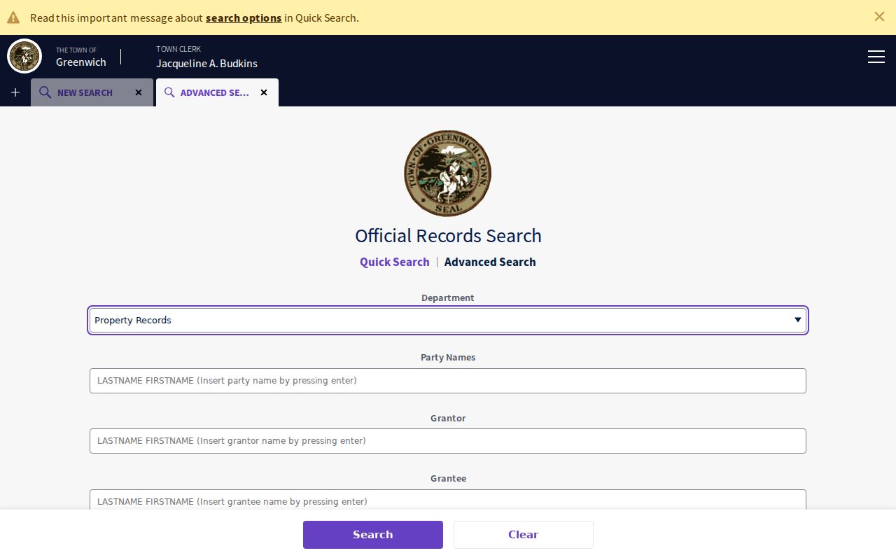 Greenwich street directory advanced land-record search fields