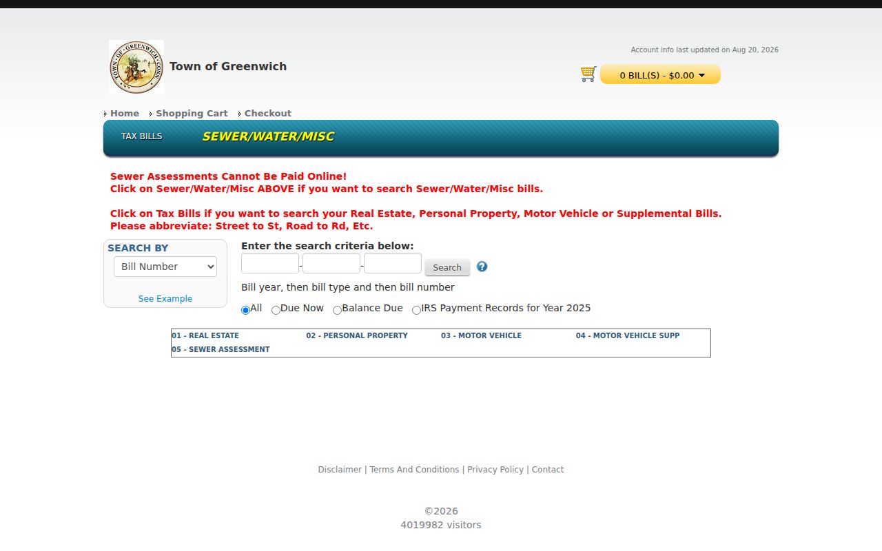 Greenwich ZIP code directory property tax search fields